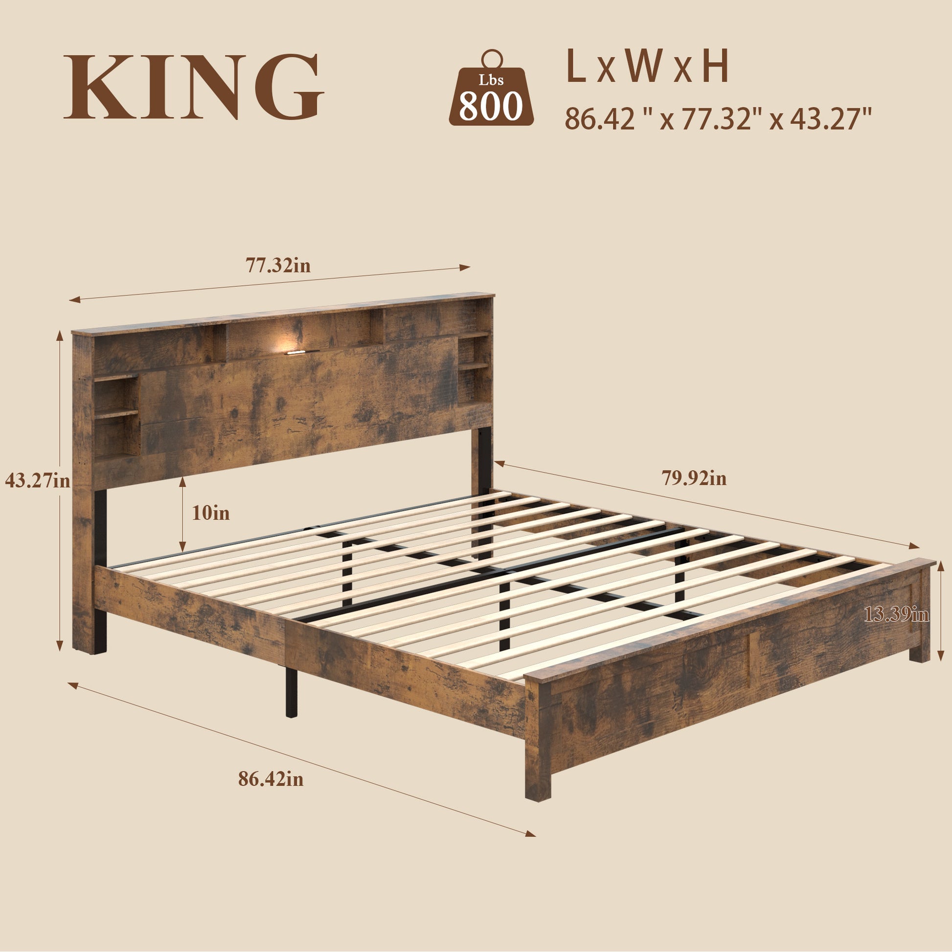 King Size Bed Frame with Storage Headboard - Dark Brown