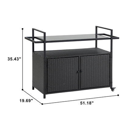 Light Brown Outdoor Bar Cart - Patio Serving Trolley with Glass Top