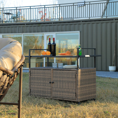 Light Brown Outdoor Bar Cart - Patio Serving Trolley with Glass Top