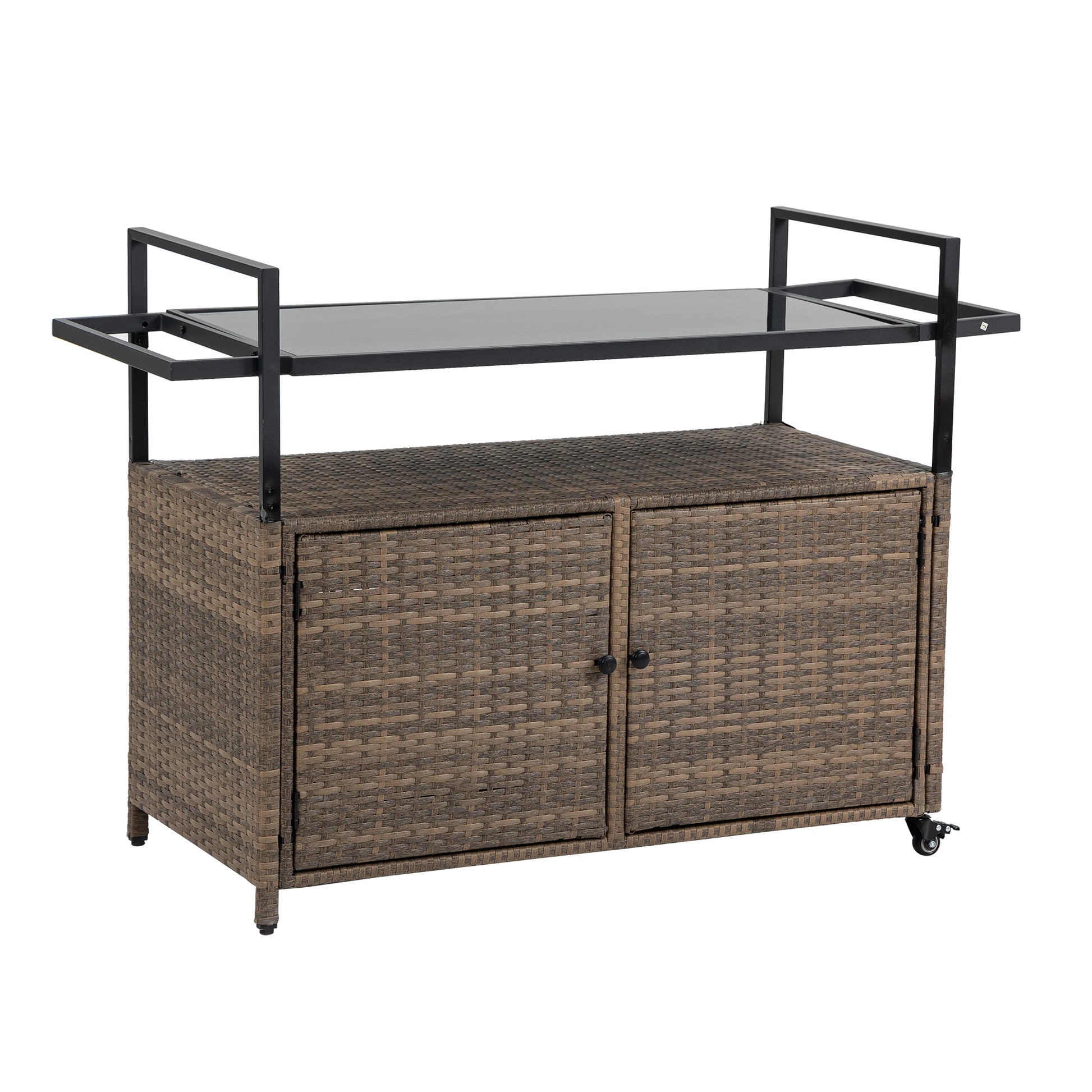 Light Brown Outdoor Bar Cart - Patio Serving Trolley with Glass Top