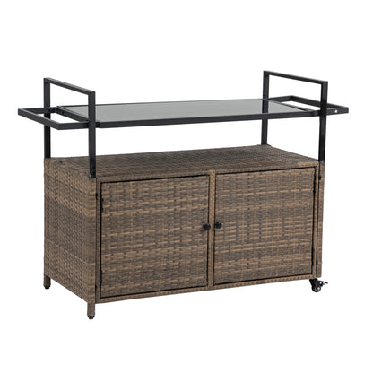 Light Brown Outdoor Bar Cart - Patio Serving Trolley with Glass Top