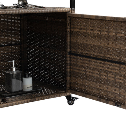 Light Brown Outdoor Bar Cart - Patio Serving Trolley with Glass Top