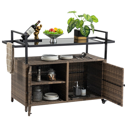 Outdoor Wicker Bar Cart, Patio Wine Serving Cart w/Wheels , Rolling Rattan Beverage Bar Counter Table w/Glass Top for Porch Backyard Garden Poolside Party, Light brown