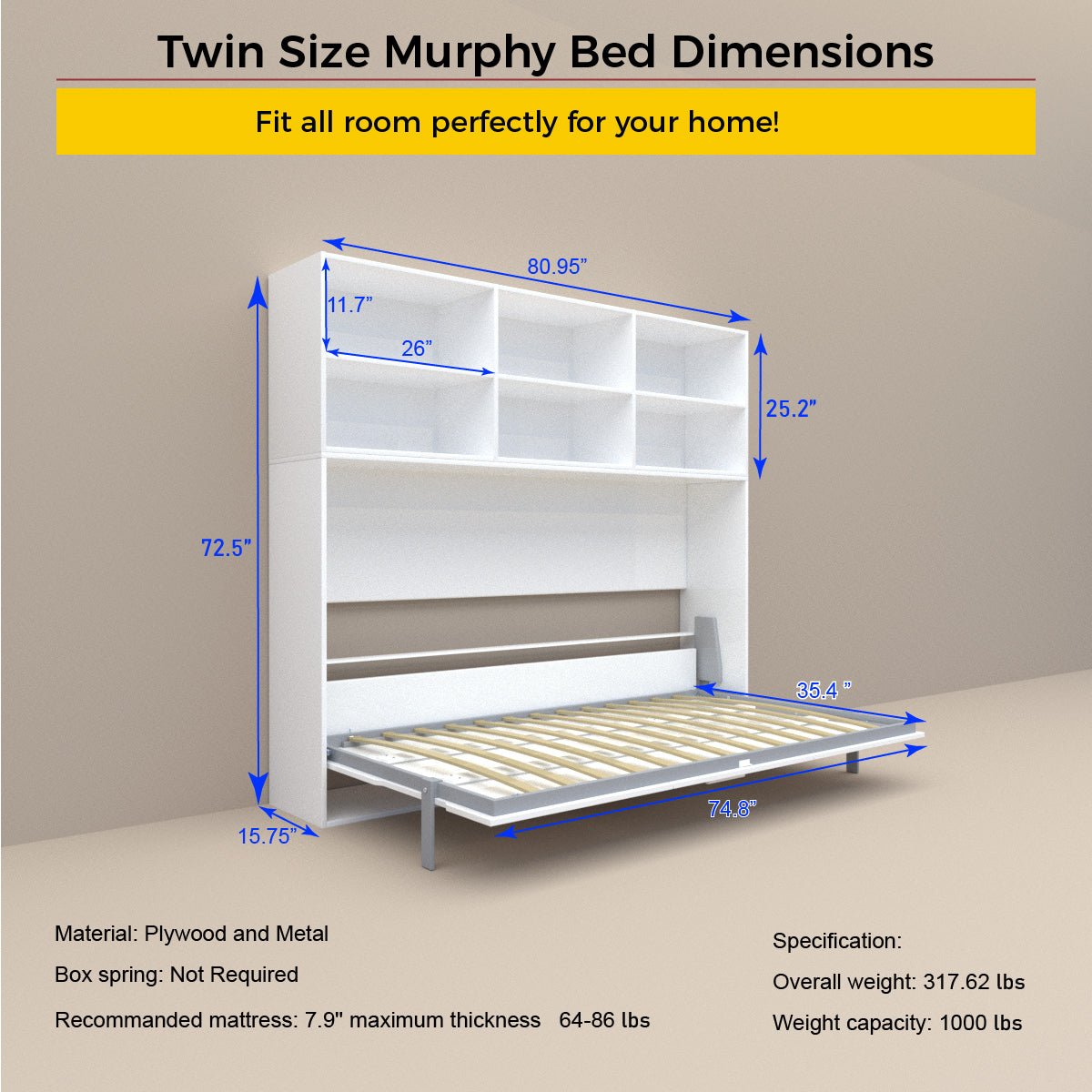 Twin Size Murphy Bed with Storage Shelf - White for Bedroom