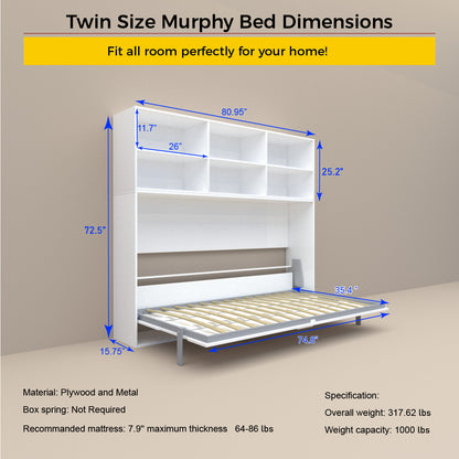Twin Size Murphy Bed with Storage Shelf - White for Bedroom
