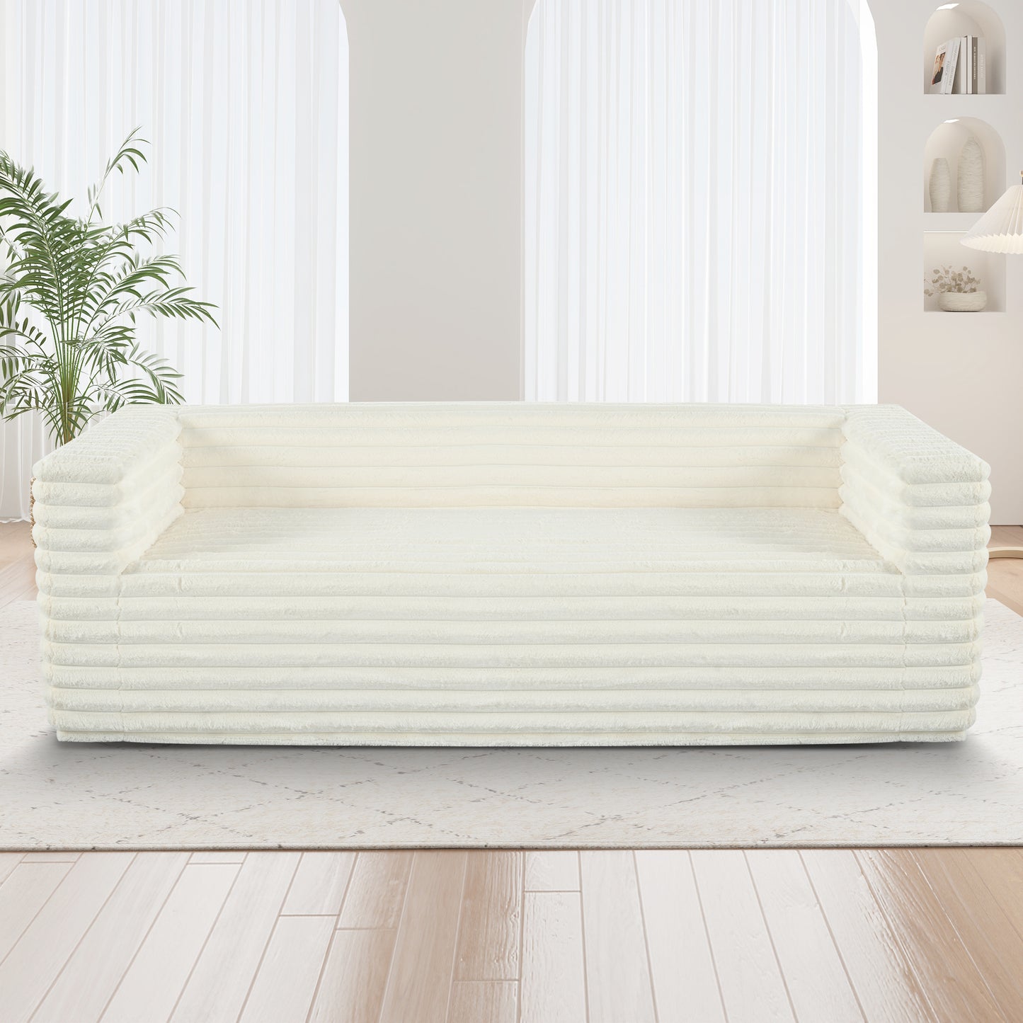 89" Beige Corduroy 3 Seat Sofa - Modern Plush Couch for Living Room