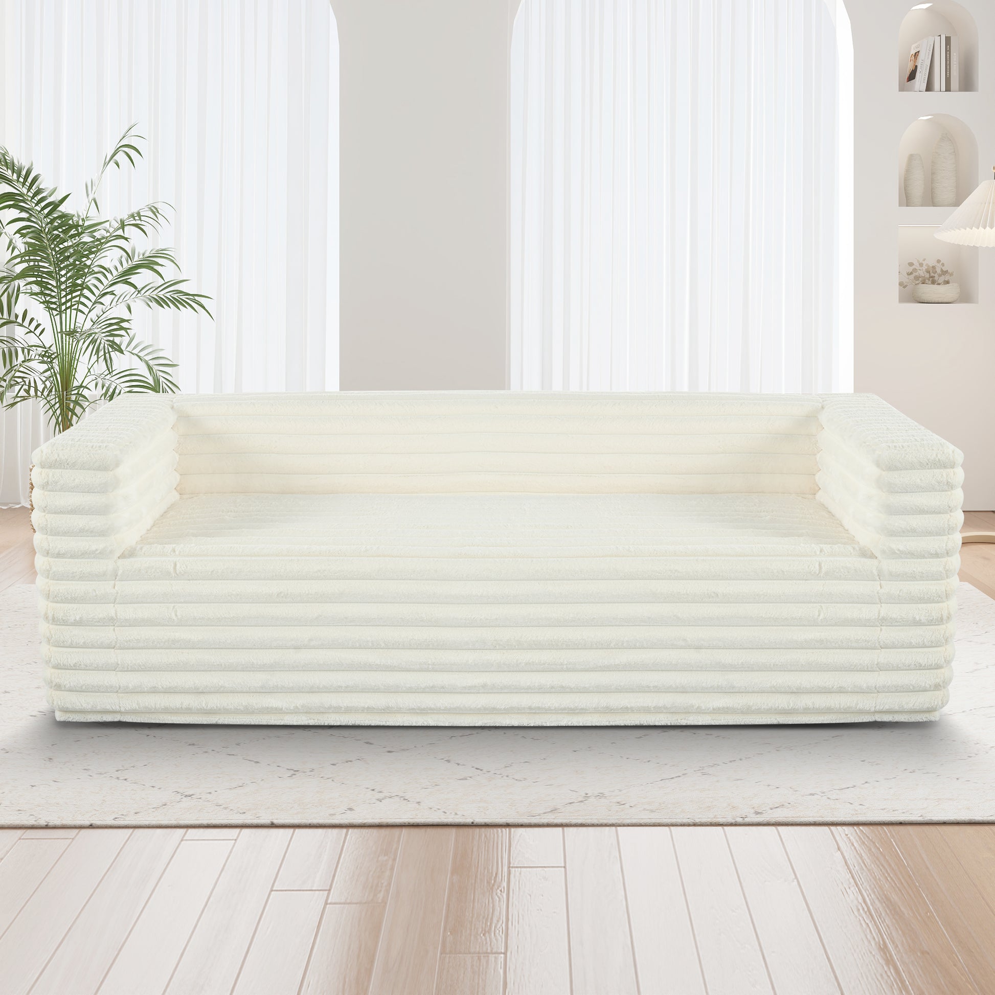 89" Beige Corduroy 3 Seat Sofa - Modern Plush Couch for Living Room