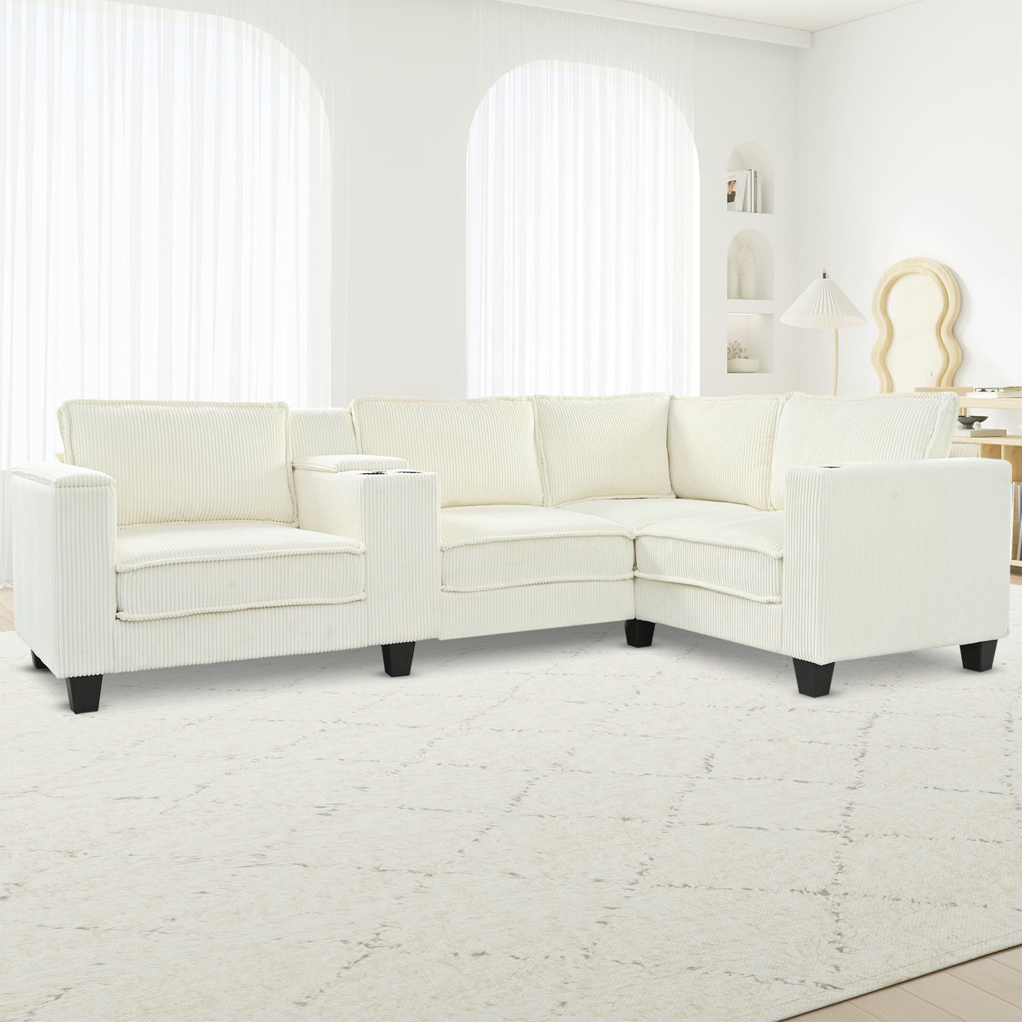 L-shaped 4-seater 105.5''*66.5'' corduroy sofa, large storage armrests with center console, USB charging, left and right seats can be switched, 2 packages of 130