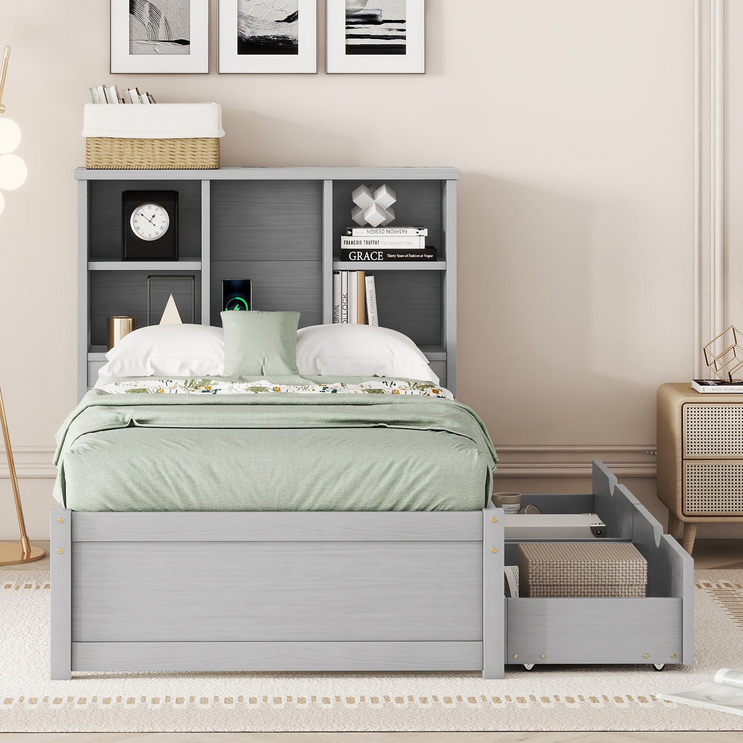 Twin Size Grey Bed Frame with Bookcase Headboard