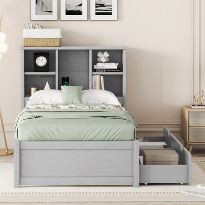 Twin Size Grey Bed Frame with Bookcase Headboard