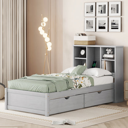Twin Size Grey Bed Frame with Bookcase Headboard