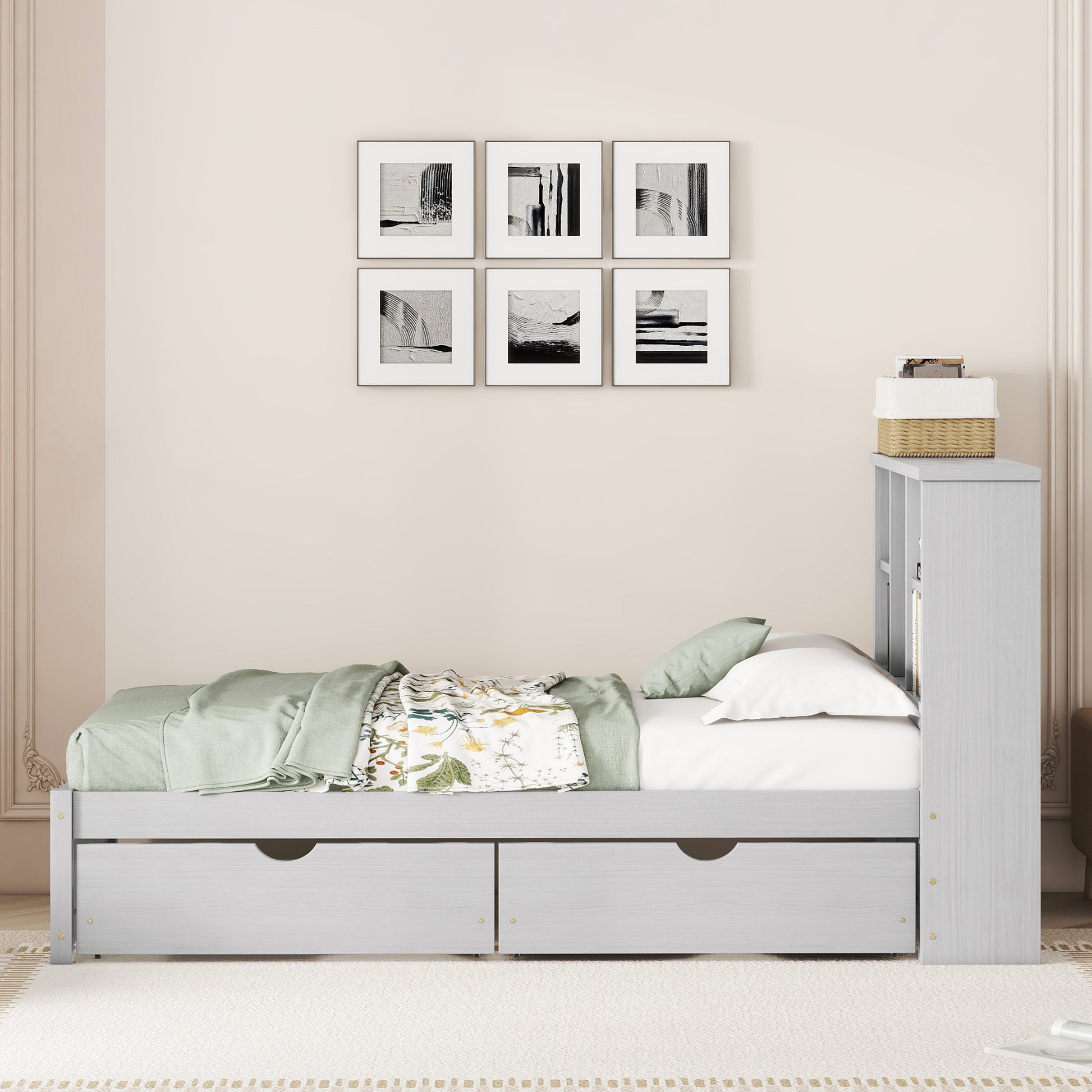 Twin Size Grey Bed Frame with Bookcase Headboard