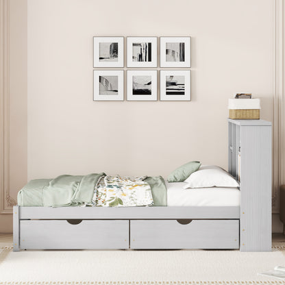 Twin Size Grey Bed Frame with Bookcase Headboard