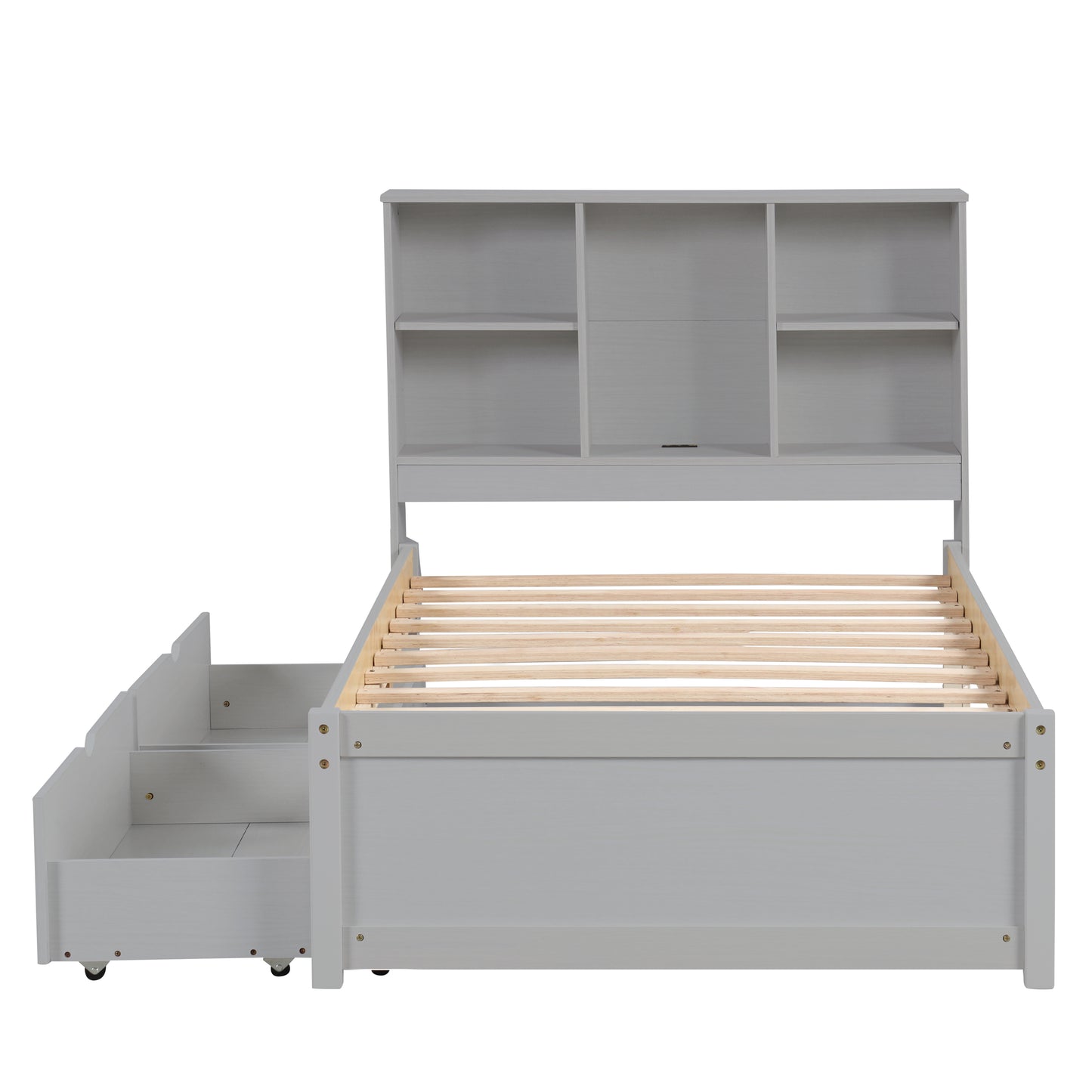 Twin Size Grey Bed Frame with Bookcase Headboard