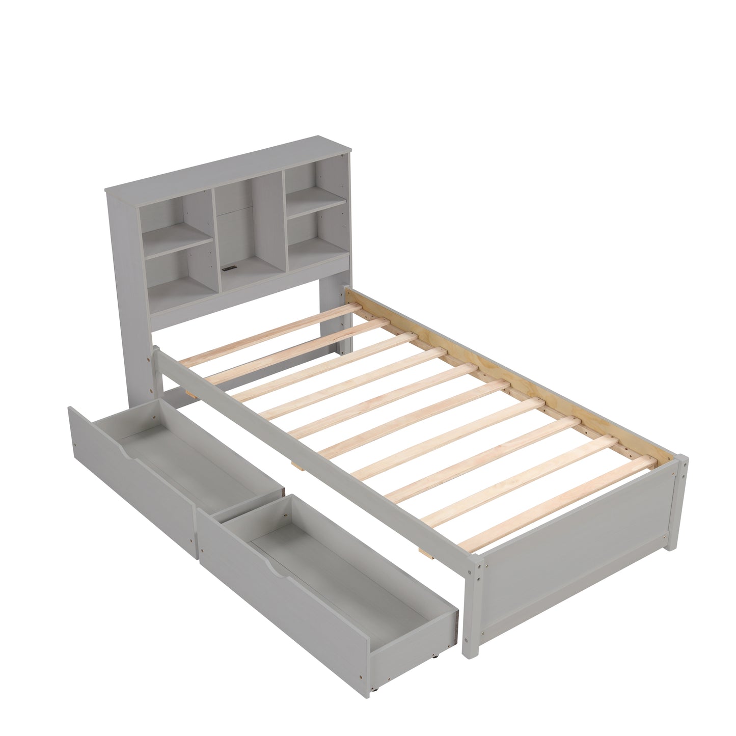 Twin Size Grey Bed Frame with Bookcase Headboard