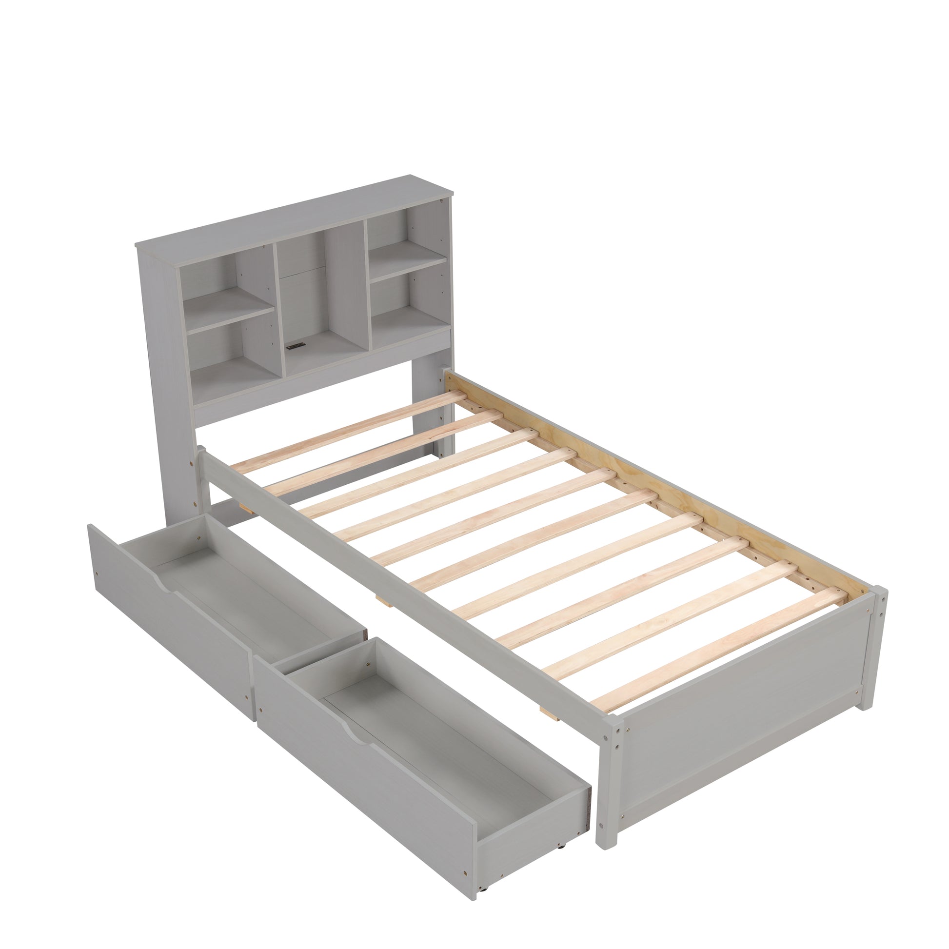 Twin Size Grey Bed Frame with Bookcase Headboard