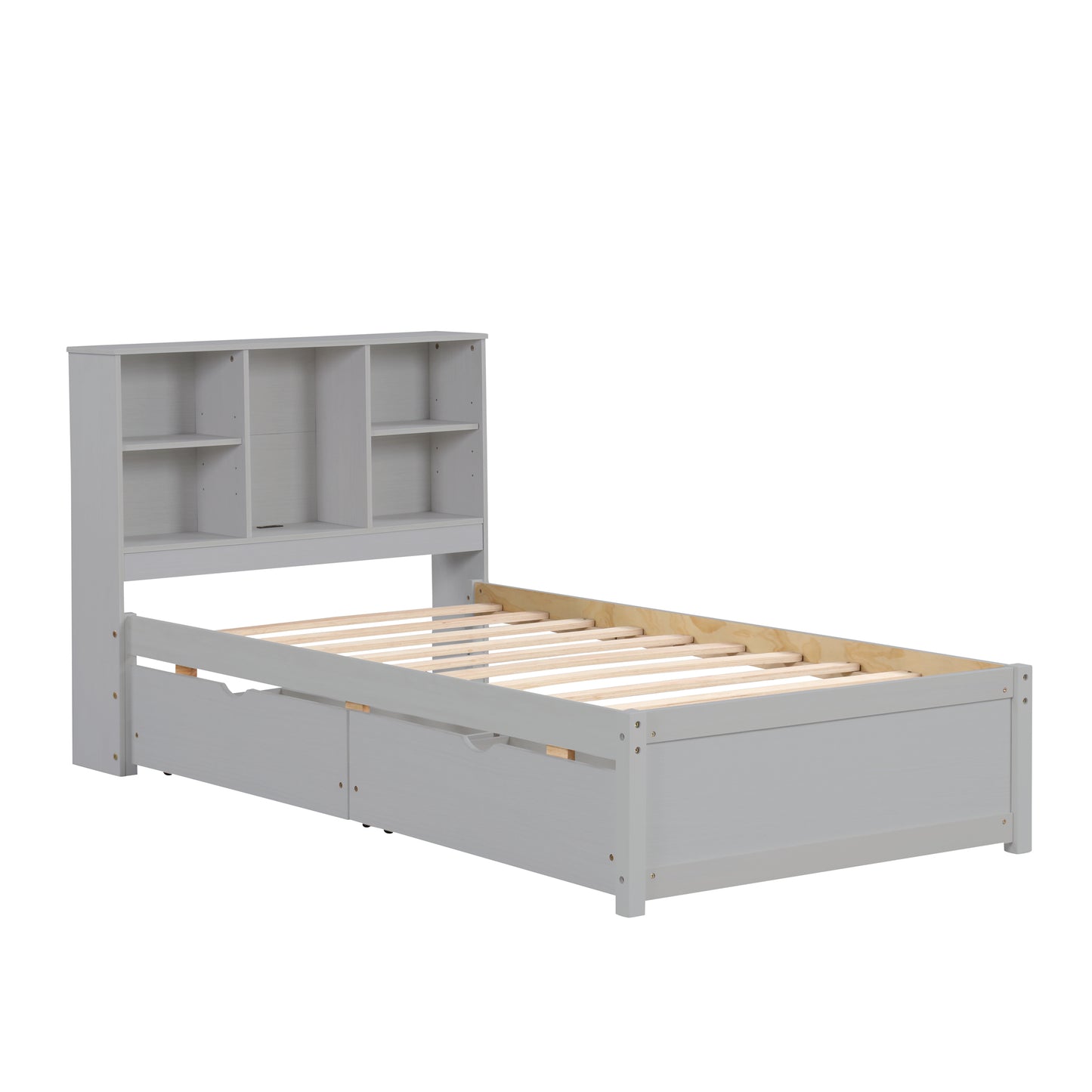 Twin Size Grey Bed Frame with Bookcase Headboard