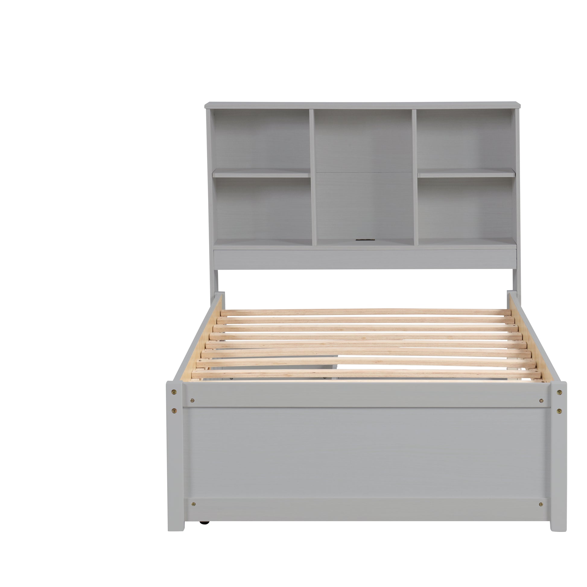 Twin Size Grey Bed Frame with Bookcase Headboard