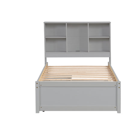 Twin Size Grey Bed Frame with Bookcase Headboard