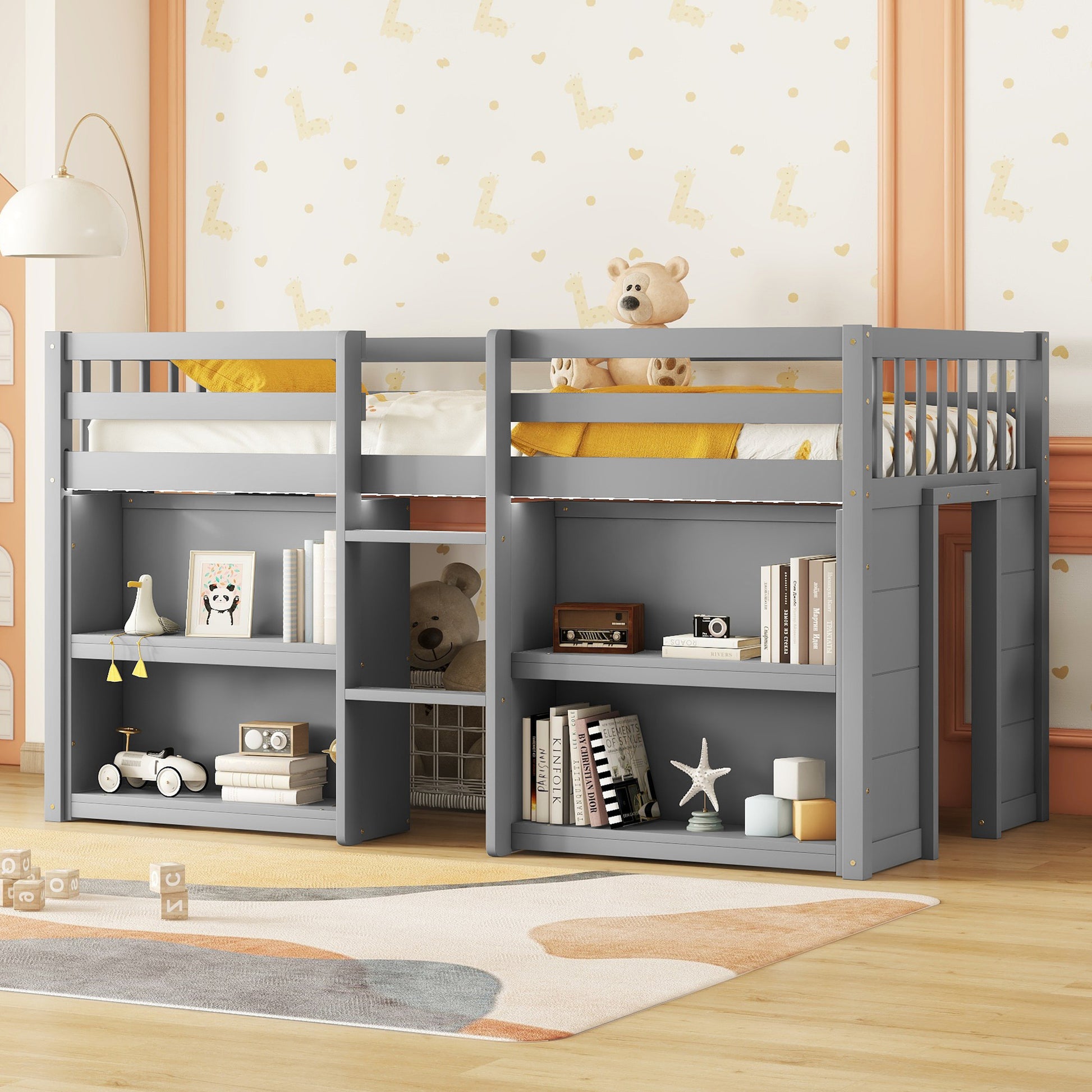 Twin Size Low Loft Bed With Shelves - Grey Pine for Bedroom