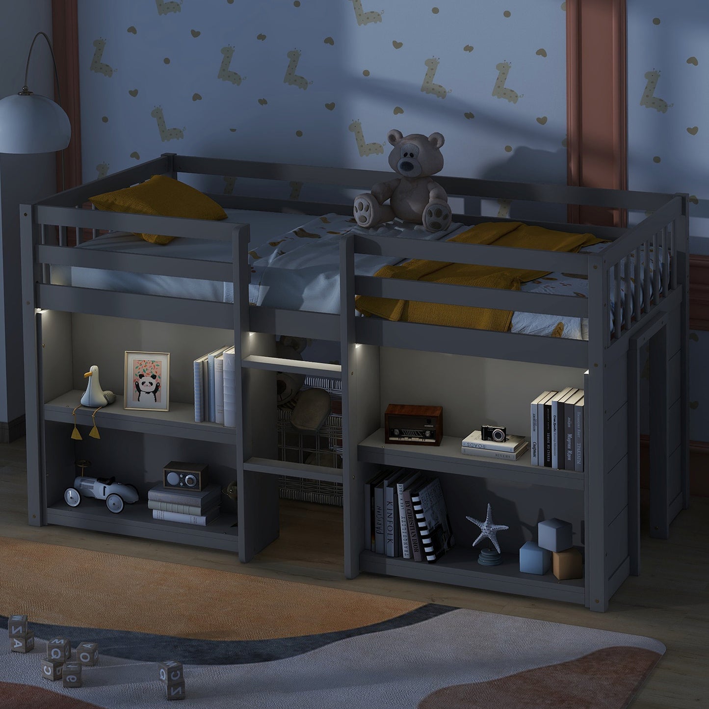 Twin Size Low Loft Bed With Shelves - Grey Pine for Bedroom