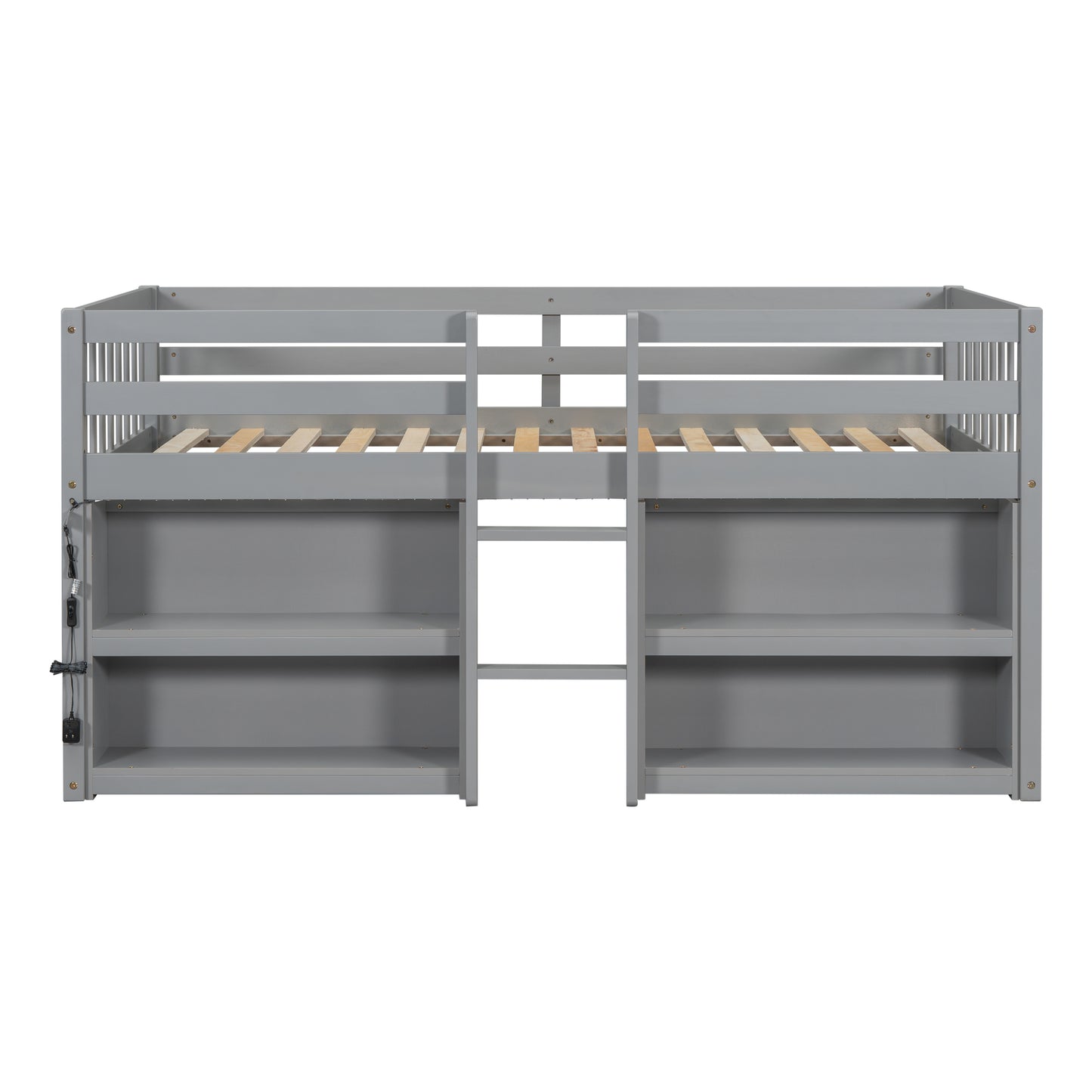 Twin Size Low Loft Bed With Shelves - Grey Pine for Bedroom