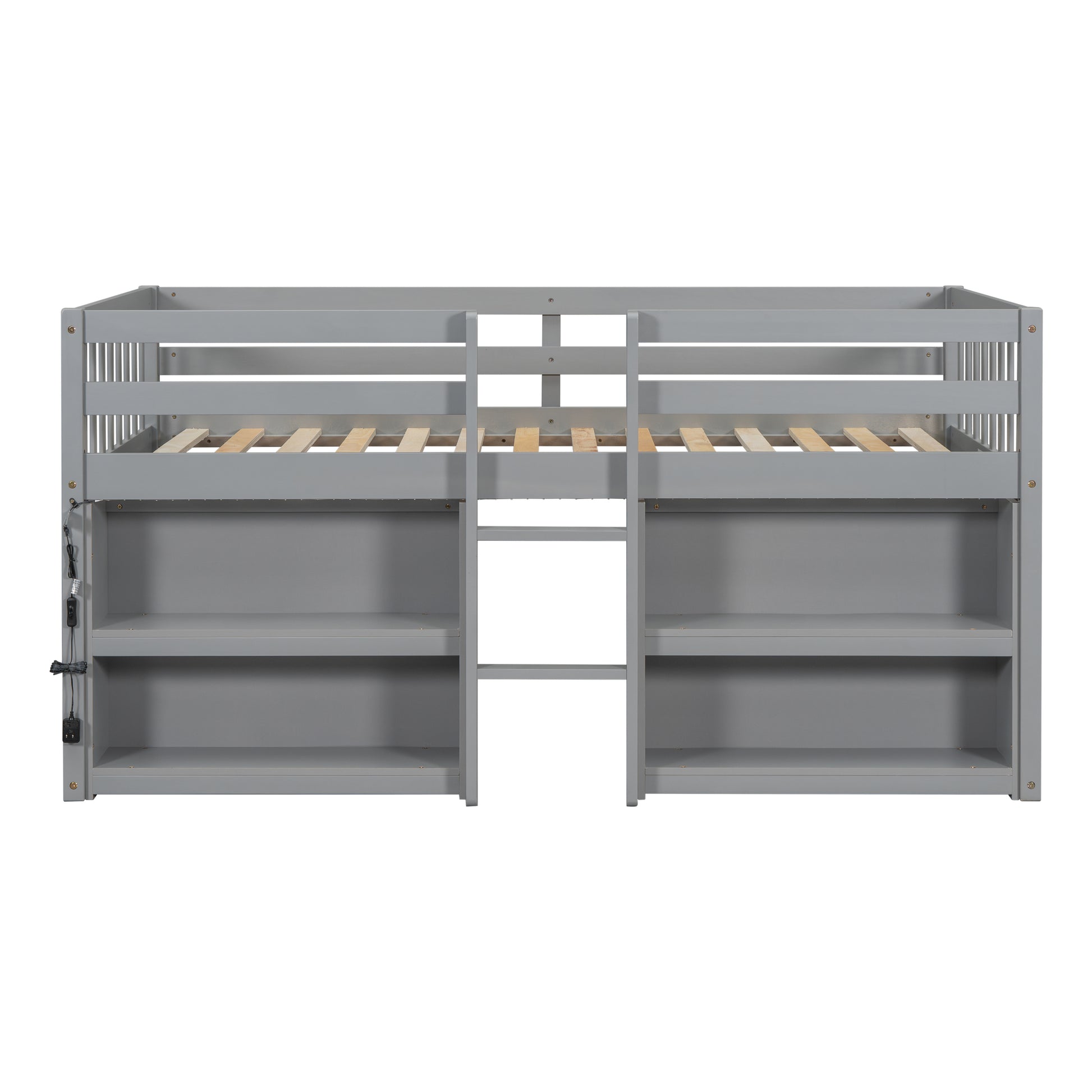Twin Size Low Loft Bed With Shelves - Grey Pine for Bedroom