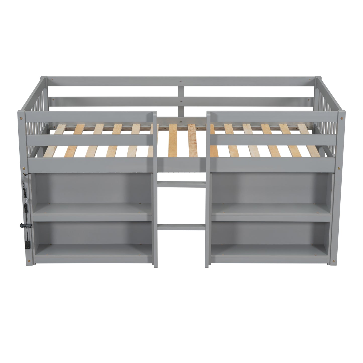 Twin Size Low Loft Bed With Shelves - Grey Pine for Bedroom