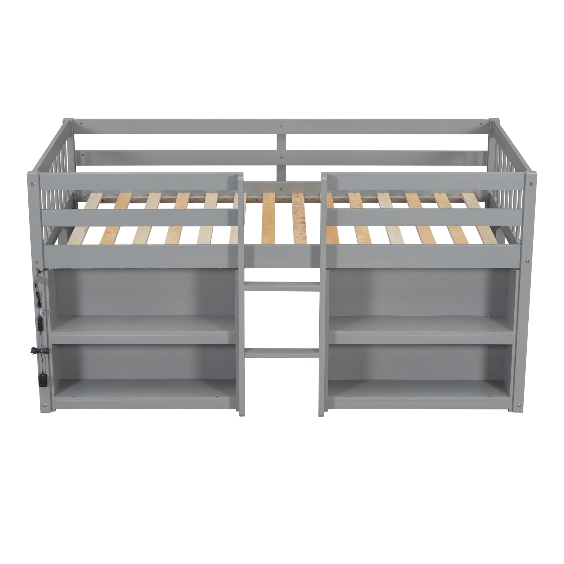 Twin Size Low Loft Bed With Shelves - Grey Pine for Bedroom
