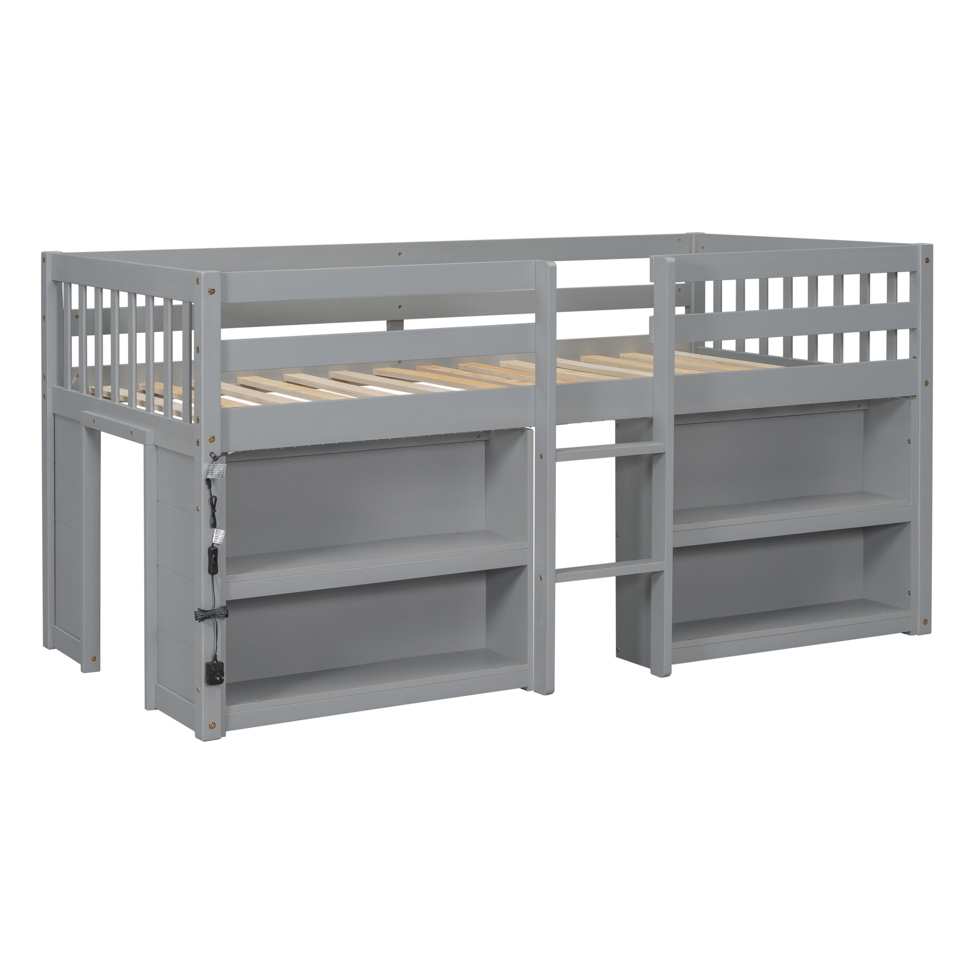 Twin Size Low Loft Bed With Shelves - Grey Pine for Bedroom