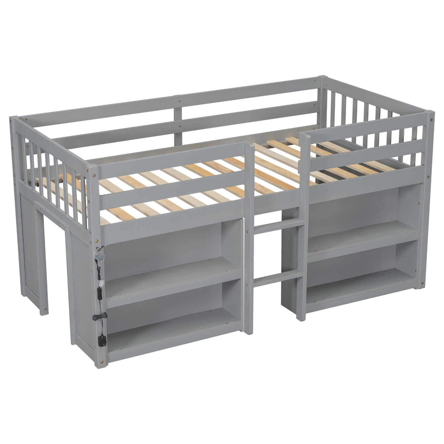 Twin Size Low Loft Bed With Shelves - Grey Pine for Bedroom