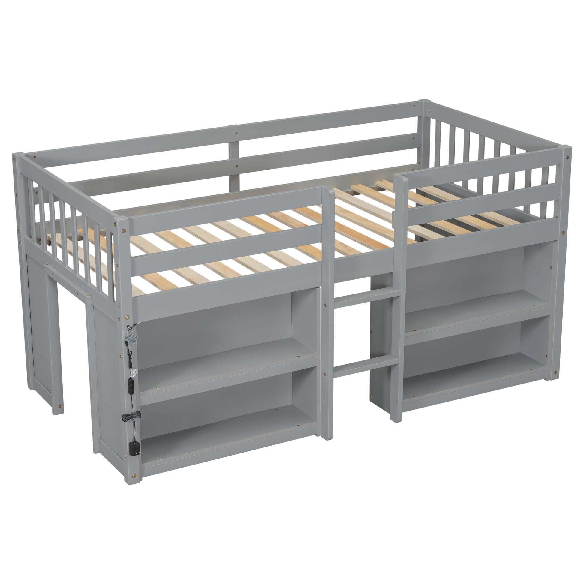 Twin Size Low Loft Bed With Shelves - Grey Pine for Bedroom
