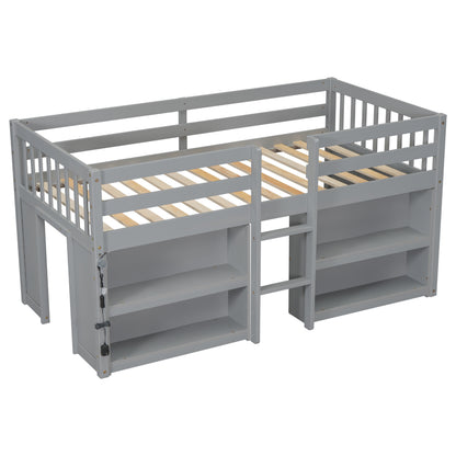 Twin Size Low Loft Bed With Shelves - Grey Pine for Bedroom