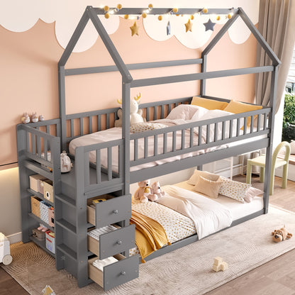 TWIN/TWIN HOUSE BUNK BED WITH SHELVES AND DRAWERS FOR GREY COLOR