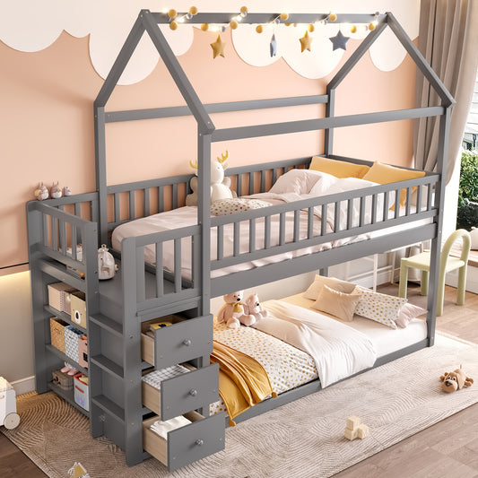 TWIN/TWIN HOUSE BUNK BED WITH SHELVES AND DRAWERS FOR GREY COLOR