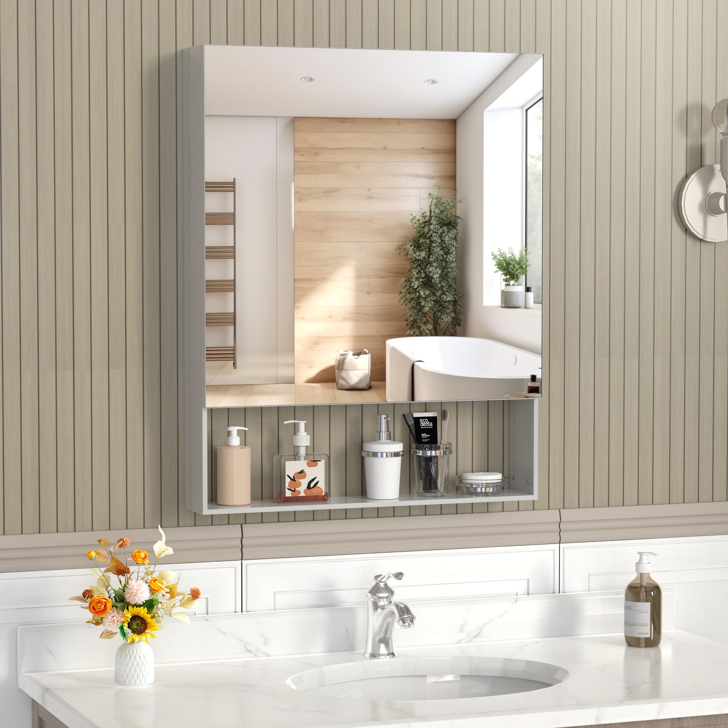 Silver Aluminum Wall Mirror with Storage Cabinet for Bathroom Renovation