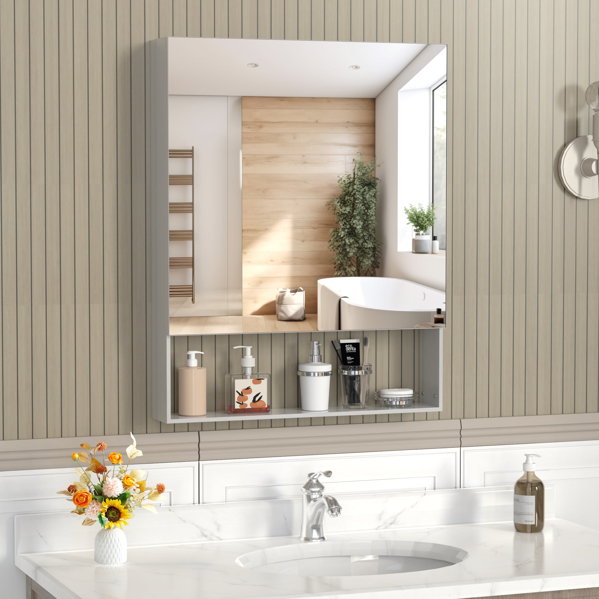 Silver Aluminum Wall Mirror with Storage Cabinet for Bathroom Renovation