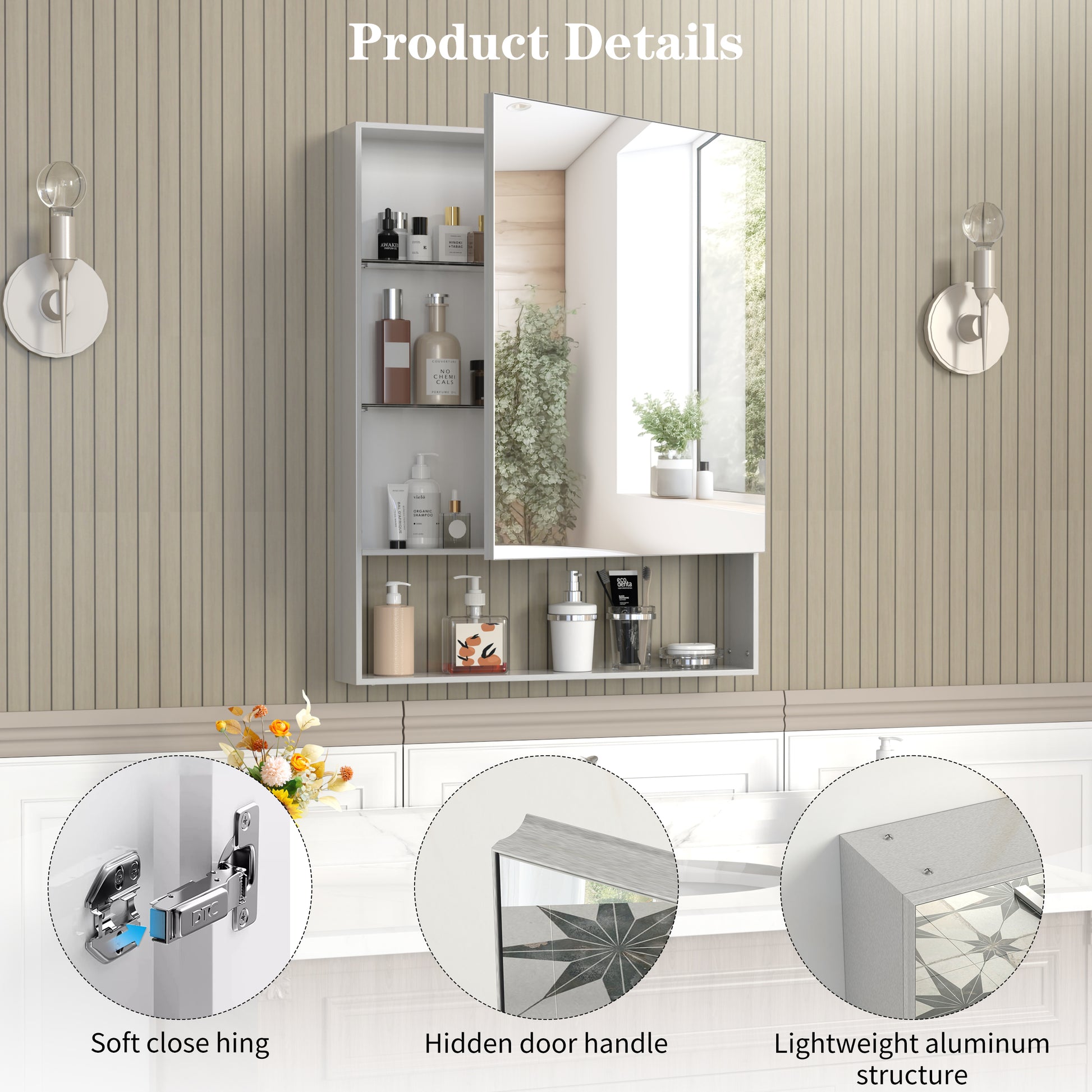 Silver Aluminum Wall Mirror with Storage Cabinet for Bathroom Renovation