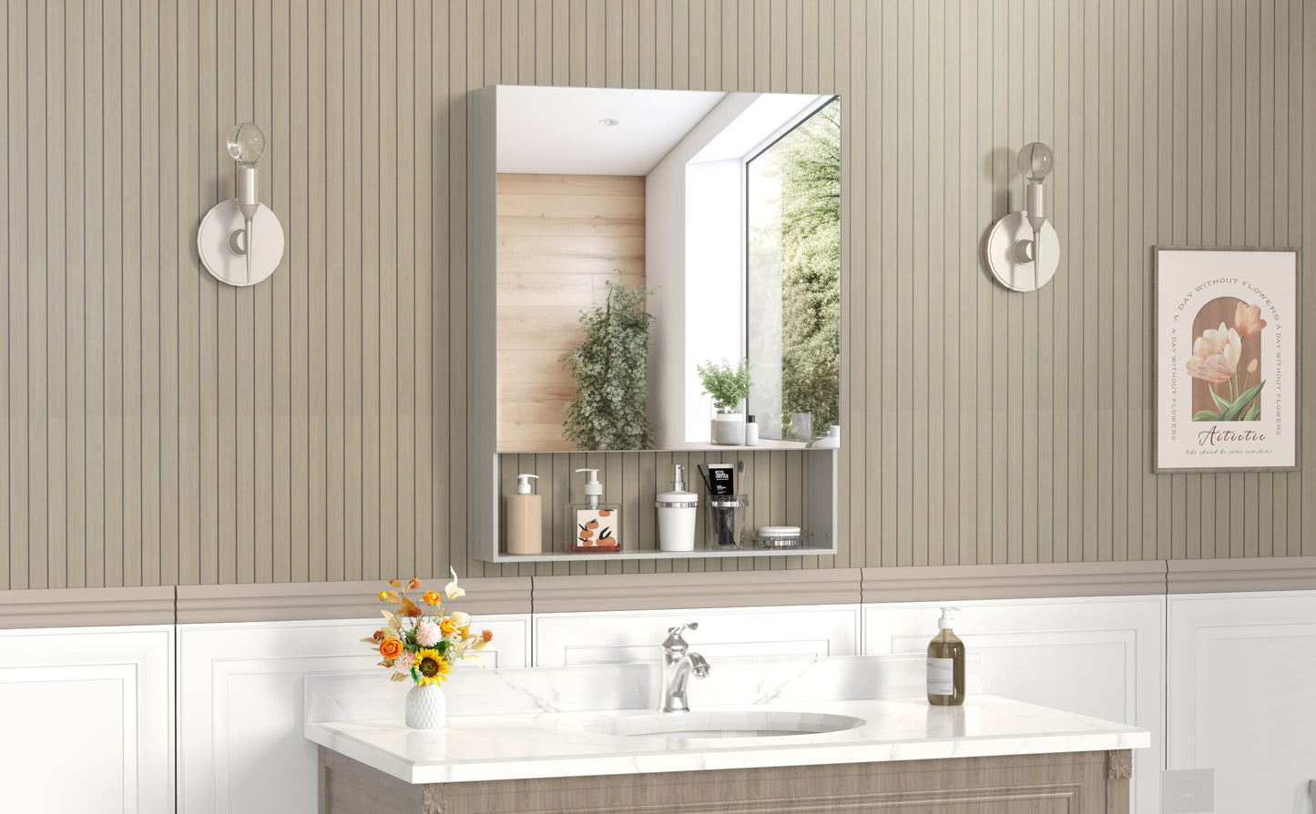 Silver Aluminum Wall Mirror with Storage Cabinet for Bathroom Renovation