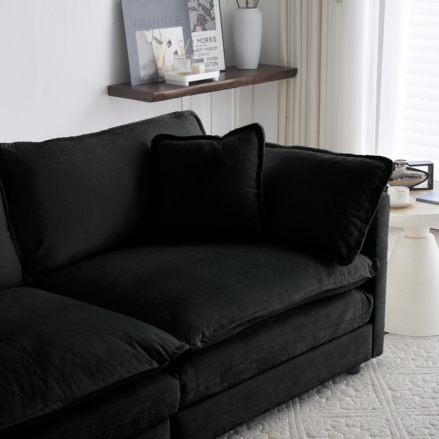 Black Chenille Ottoman Footrest to Combine with Sofa Seating for Living Room