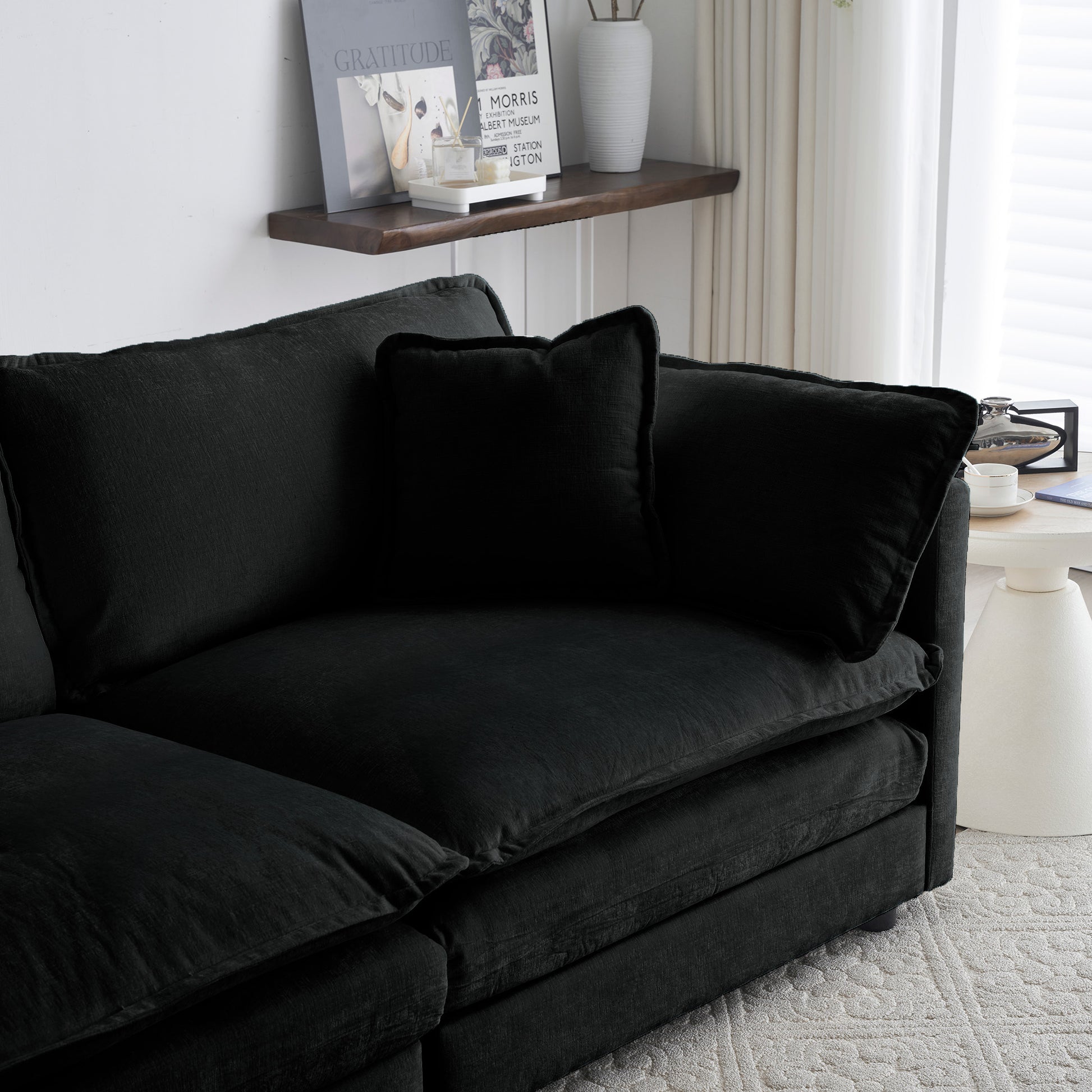 Black Chenille Ottoman Footrest to Combine with Sofa Seating for Living Room
