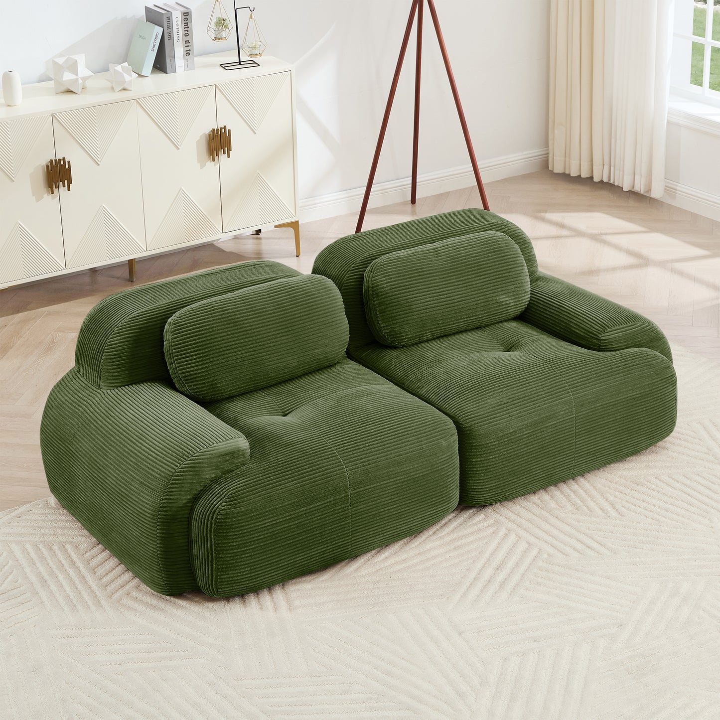82'' loveseat sofa in luxuryCorduroy Fabric modular for free combo separation curved armrests ,anti-slip design high-resilience sponge fits living rooms bedrooms Audiovisual Room,Olive green