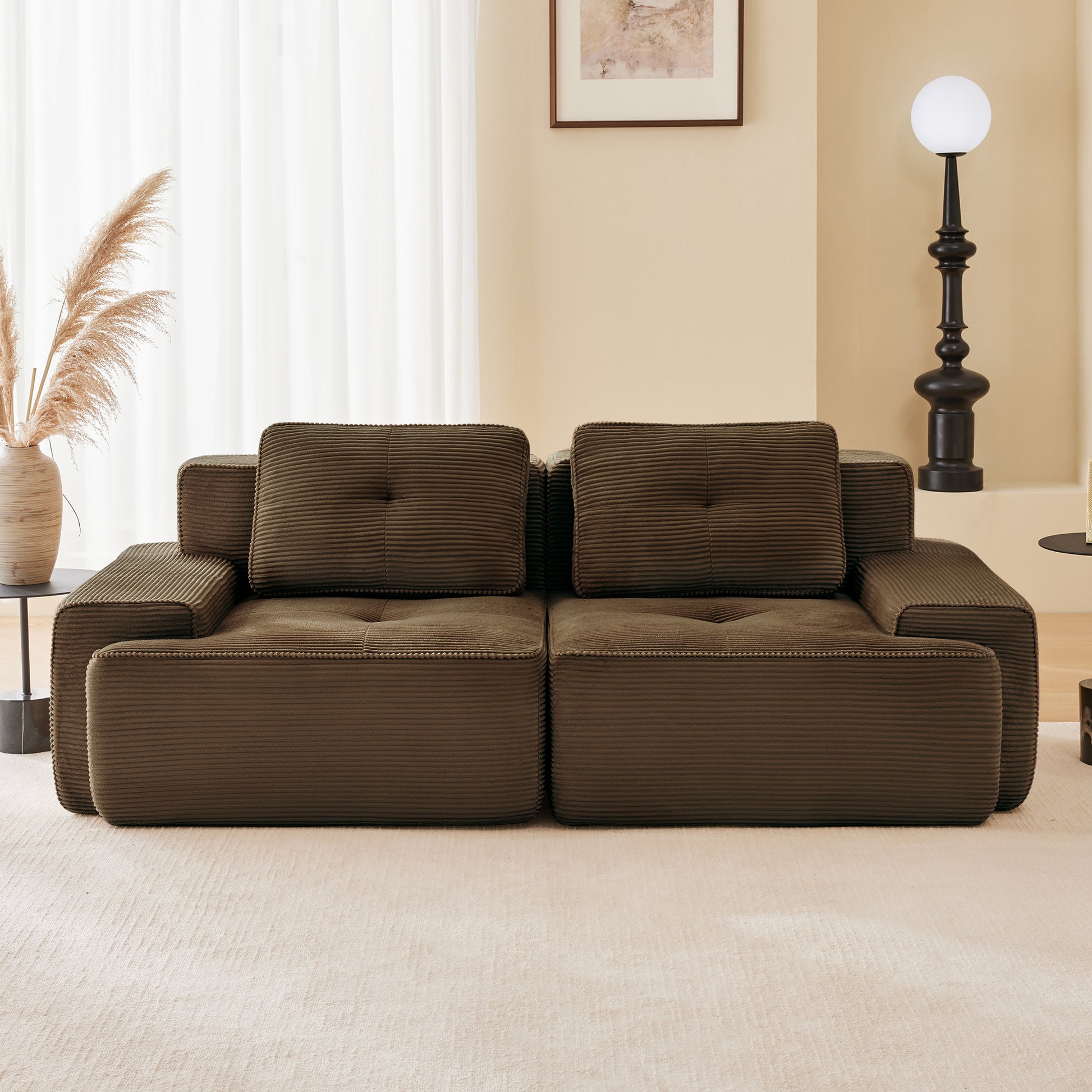 82" Modern L-Shaped Modular Sectional Sofa for Living Room, Corduroy Fabric, 2-Seater Couch with Deep Seat , Pearl-like piping, Tufted Design, No Assembly, Anti-slip Design​, Brown