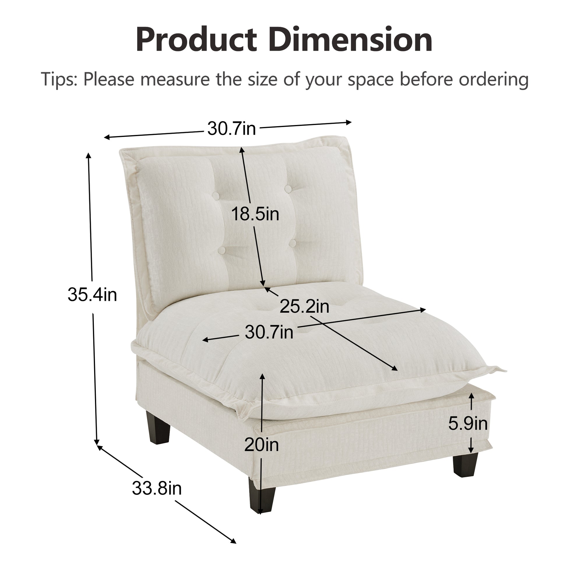 73 Armless Sofa - Beige Chenille, 1 Seat for Living Room