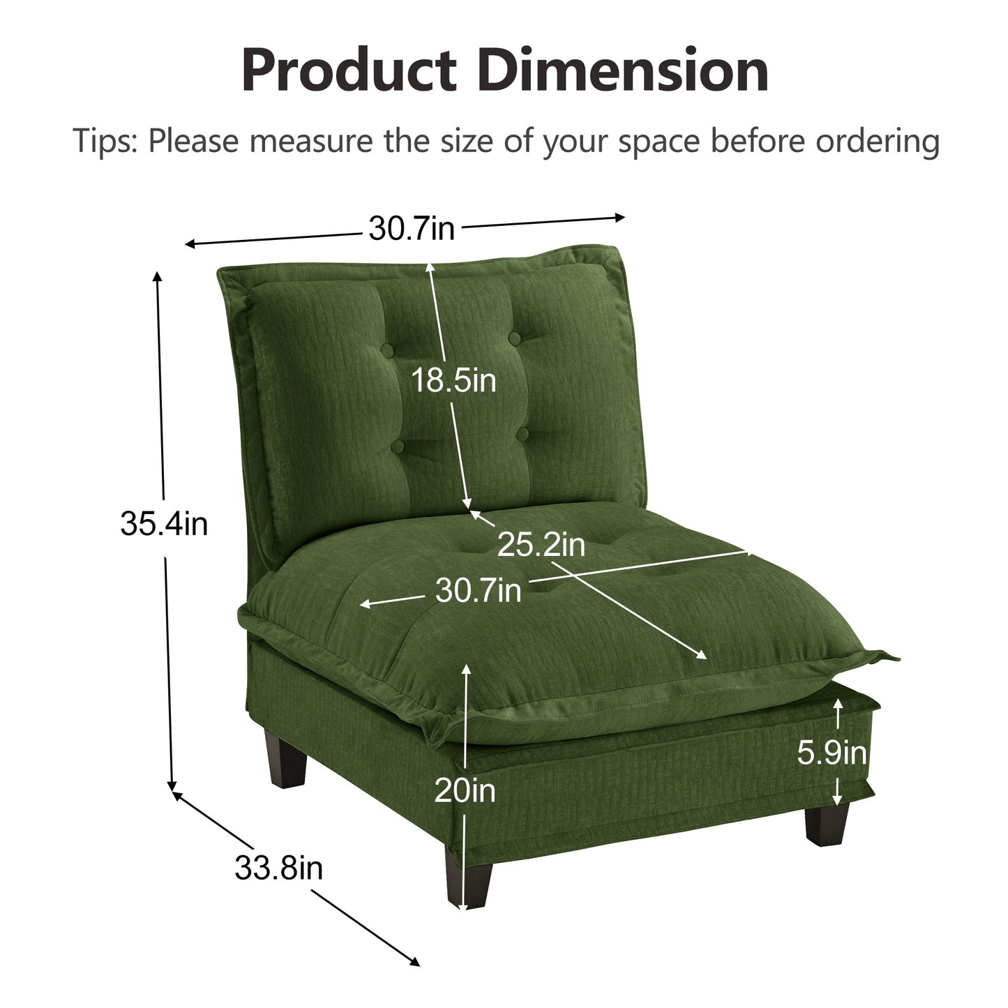 Green Chenille 3-Seat Sofa - 30.71" L for Living Room