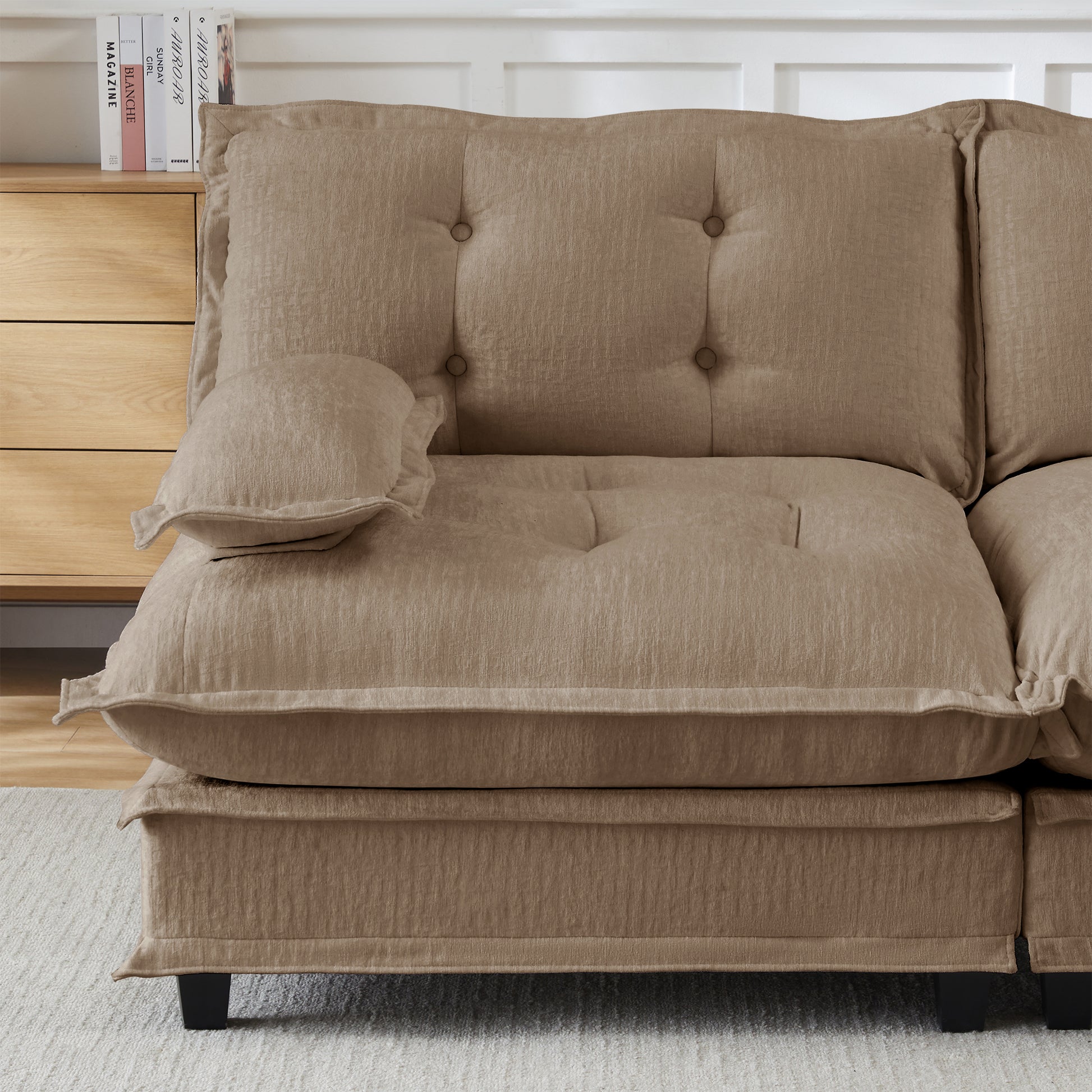 Light Brown Modular Chenille Sofa with High-Density Foam Seating for Living Room