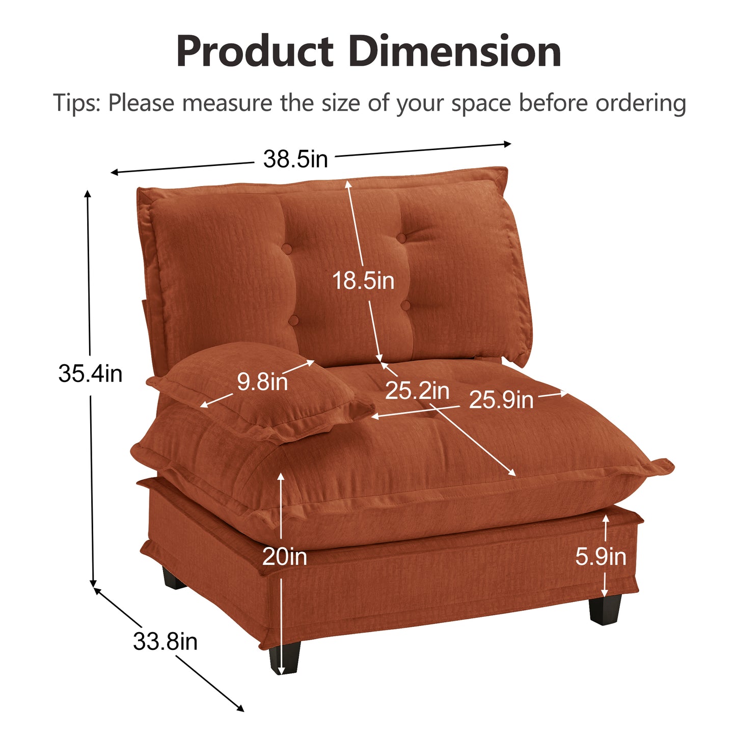 Orange Chenille Modular Sofa - 1 Seat for Living Room