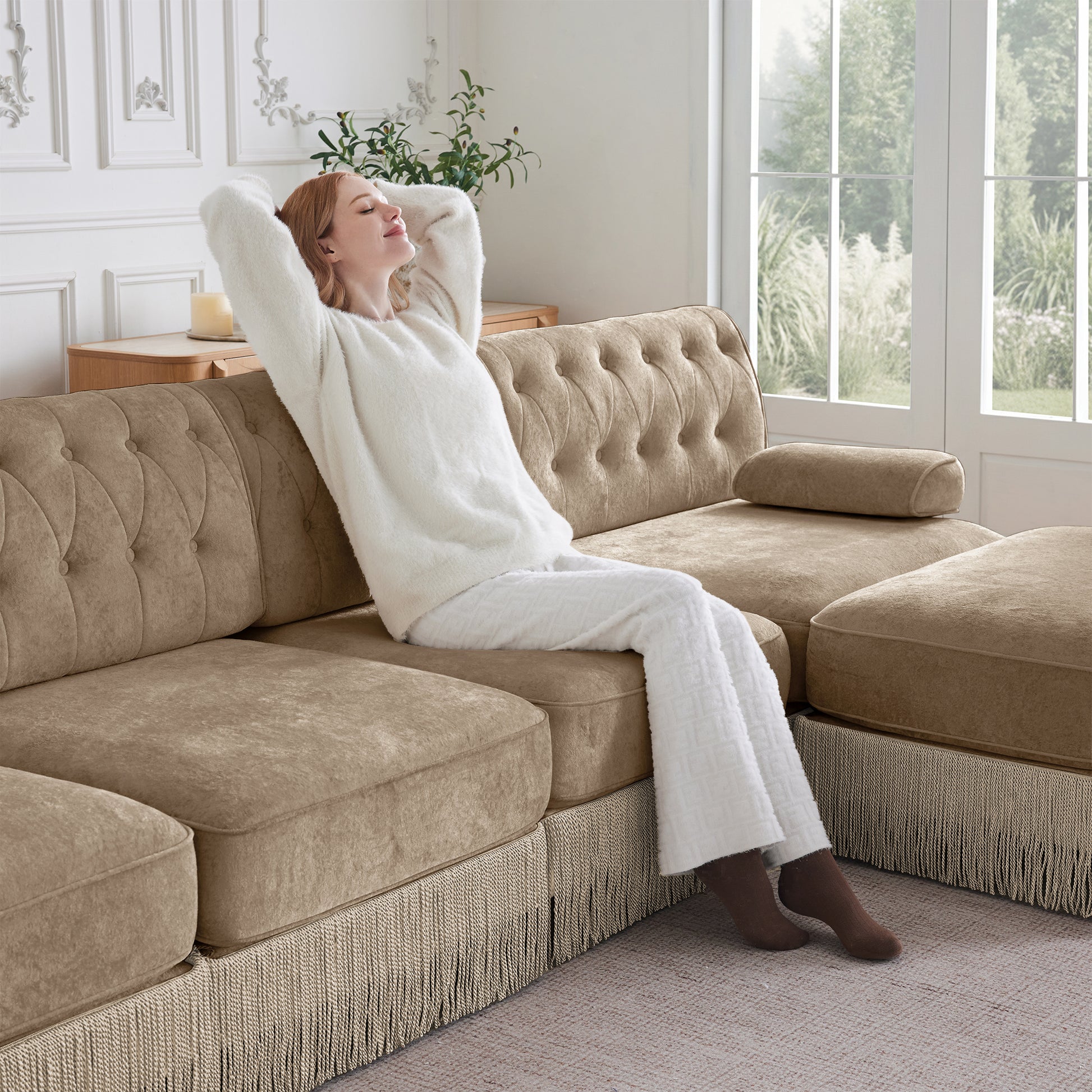 Camel Velvet Modular Sofa - 1 Seat, Plush Comfort for Living Room