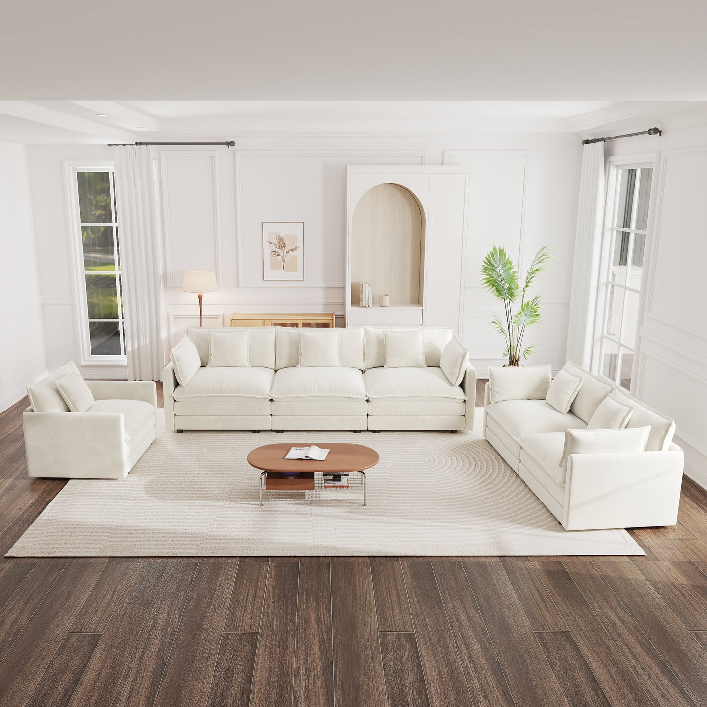 6 Seat White Chenille Sofa Set - Large Sectional Sofa