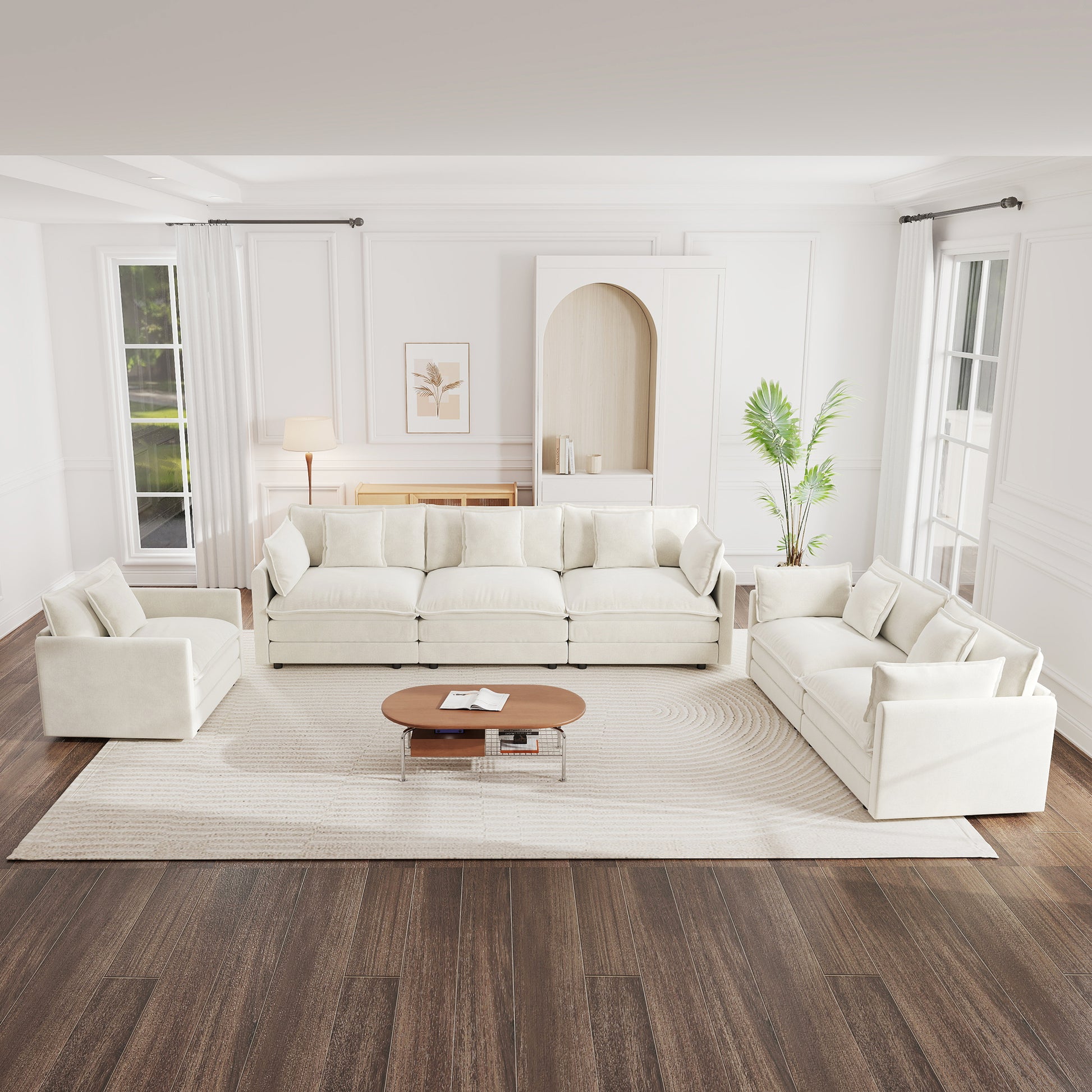 6 Seat White Chenille Sofa Set - Large Sectional Sofa